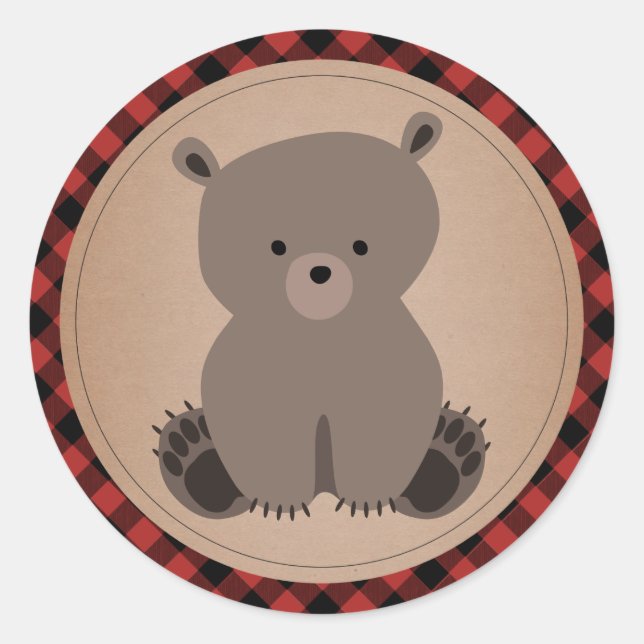 Baby Bear Cub Plaid Baby Shower Classic Round Sticker (Front)