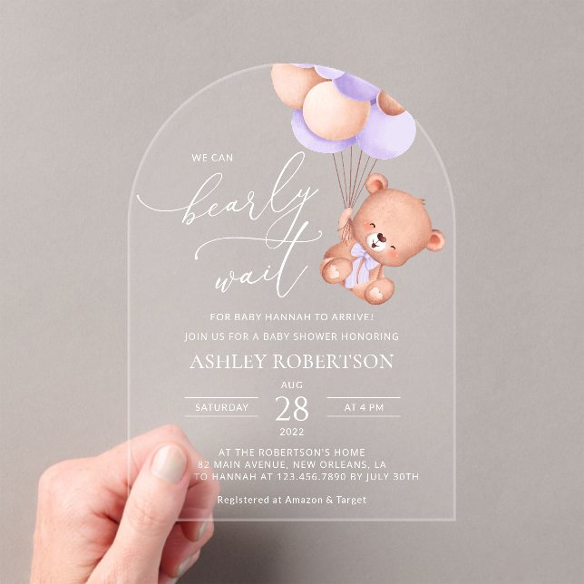 Baby Bear, Cute Bear, Purple Balloons, Baby Shower Acrylic Invitations (Insitu (Handheld))