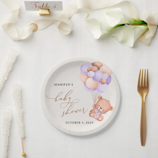 Baby Bear, Cute Bear, Purple Balloons, Baby Shower Paper Plate (Wedding)
