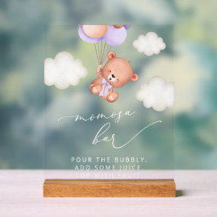 Baby Bear, Cute Bear, Purple Balloons, Momosa Bar Acrylic Sign