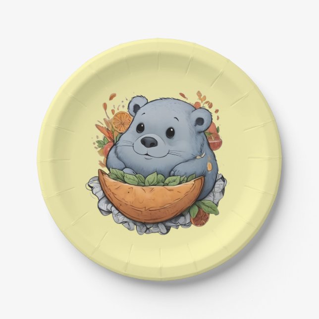 Baby Bear Eating Leaves - Cute Animal Nature Desig Paper Plate (Front)