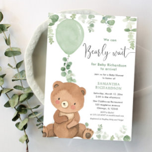 Baby bear gender neutral greenery baby shower invitation