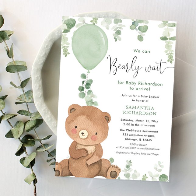 Baby bear gender neutral greenery baby shower invitation (Creator Uploaded)