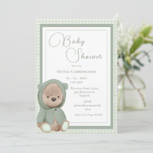 Baby Bear Gingham Vintage Baby Shower Invitation