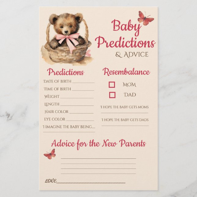 Baby Bear Girl Baby Predictions Advice Card (Front)