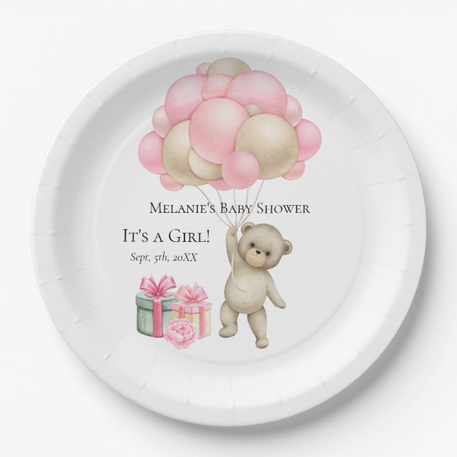 Baby Bear Girl Pink Balloons | Paper Plates (Front)