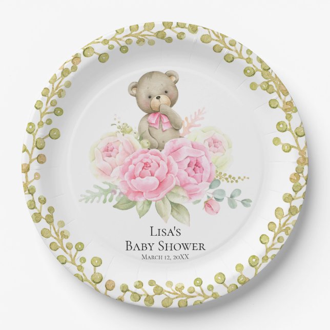 Baby Bear Girl Pink Flowers | Paper Plates (Front)