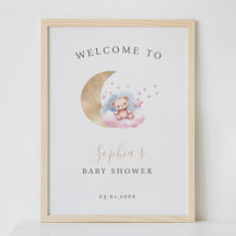 Baby Bear Gold Pink Stars Welcome Sign
