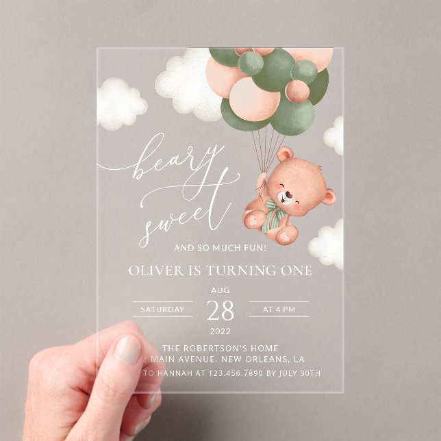 Baby Bear, Green Balloons, First Birthday Acrylic Invitations (Insitu (Handheld))