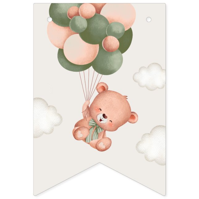 Baby Bear, Green Balloons, First Birthday Bunting (First Flag)
