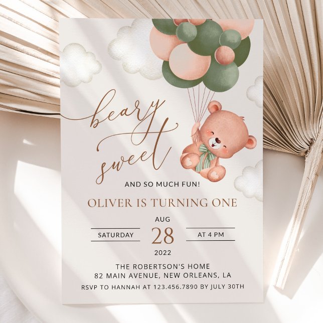 Baby Bear, Green Balloons, First Birthday Invitation (Creator Uploaded)