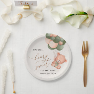 Baby Bear, Green Balloons, First Birthday Paper Plate