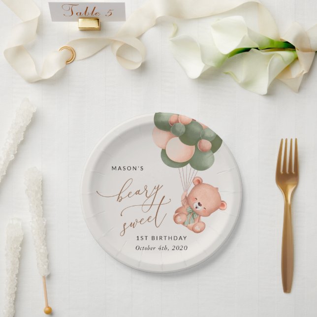 Baby Bear, Green Balloons, First Birthday Paper Plate (Wedding)