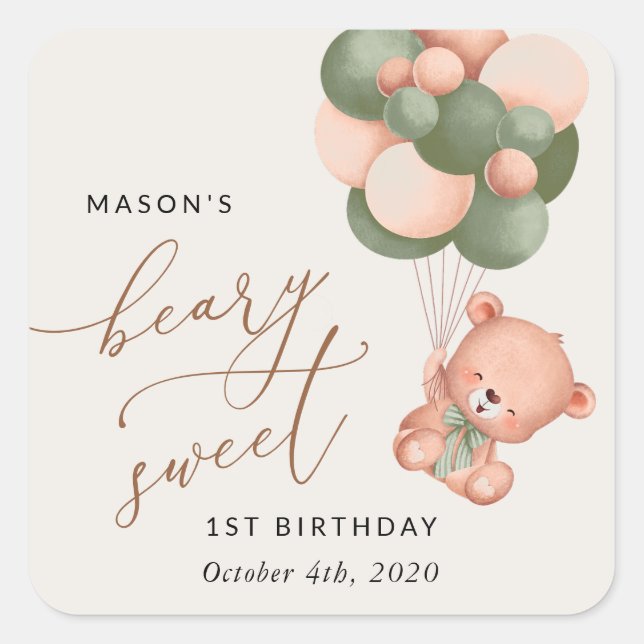 Baby Bear, Green Balloons, First Birthday Square Sticker (Front)