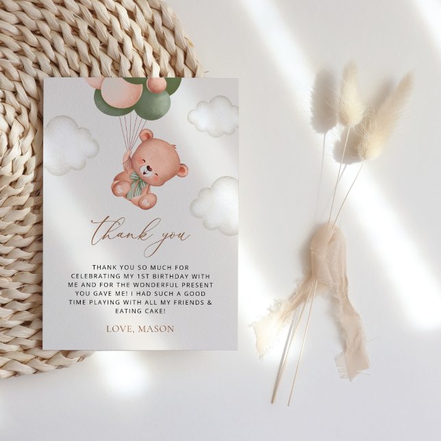 Baby Bear, Green Balloons, First Birthday Thank You Card (Creator Uploaded)