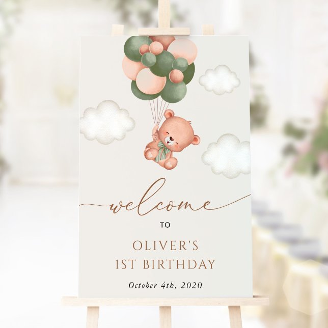 Baby Bear, Green Balloons, First Birthday Welcome Poster (Creator Uploaded)