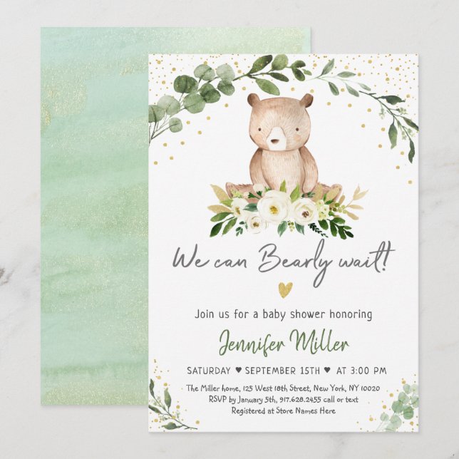 Baby Bear Greenery Gold Floral Baby Shower Invitation (Front/Back)