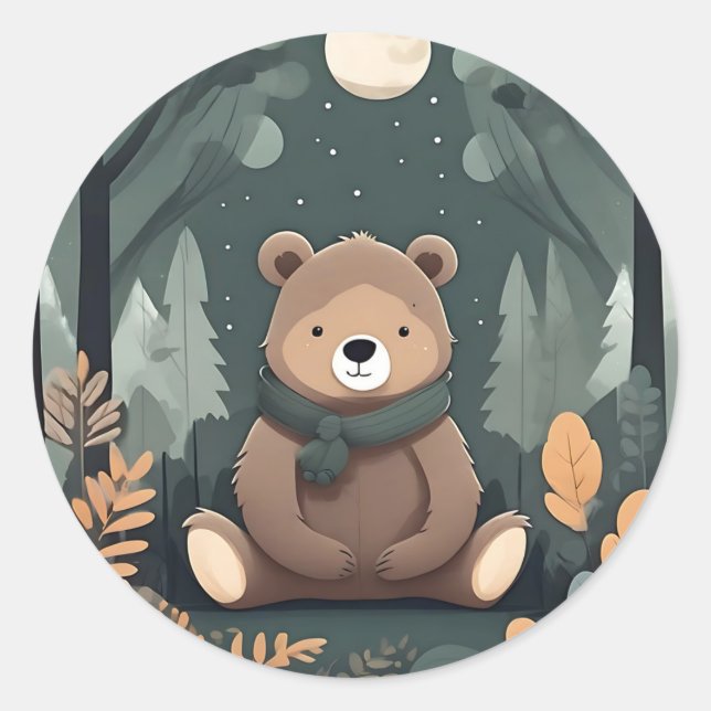 Baby Bear In Forest With Moon Classic Round Sticker (Front)