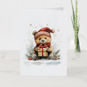 Baby Bear in Santa Hat - Christmas Holiday Foil Greeting Card