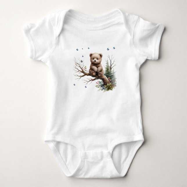 Baby Bear on a log Baby Bodysuit (Front)