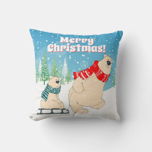 Baby Bear on Sled in Winter Snow a Christmas Cushion