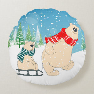 Baby Bear on Sled in Winter Snow a Christmas Round Cushion