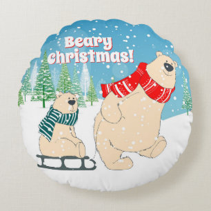Baby Bear on Sled in Winter Snow a Christmas Round Cushion