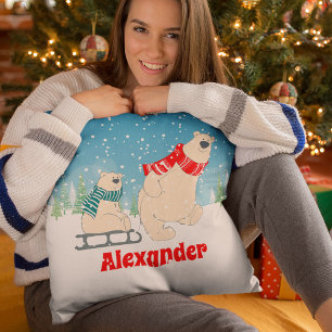 Baby Bear on Sled in Winter Snow a Festive Kids Cushion