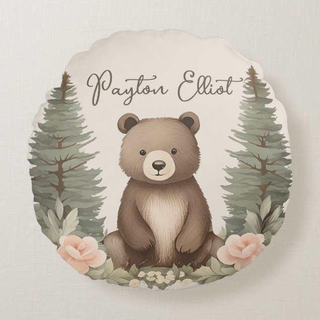 Baby Bear Pine Trees Round Cushion (Front)