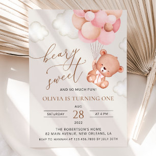 Baby Bear, Pink Balloons, First Birthday Invitation