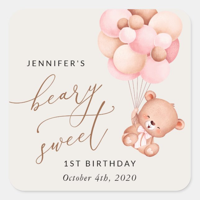 Baby Bear, Pink Balloons, First Birthday Square Sticker (Front)