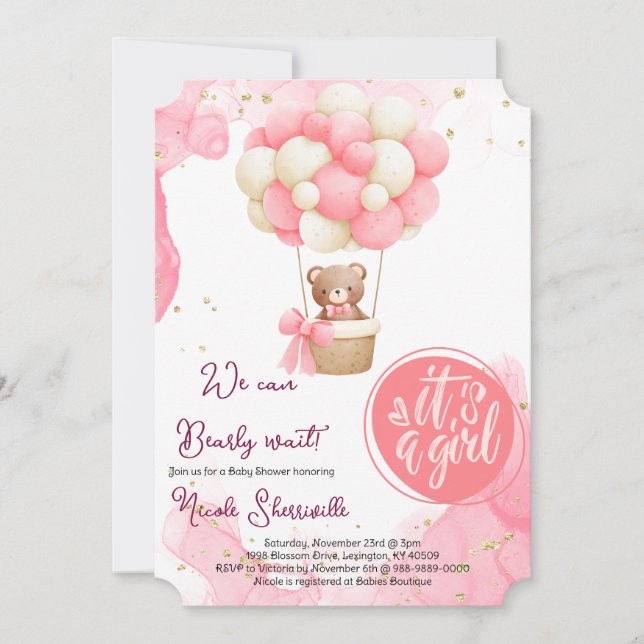 Baby Bear Pink Gold Hot Air Balloon Baby Shower Invitation (Front)