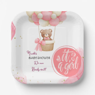 Baby Bear Pink Gold Hot Air Balloon Baby Shower Paper Plate