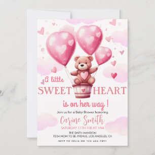 Baby Bear Pink Heart Balloon Baby shower Invitation