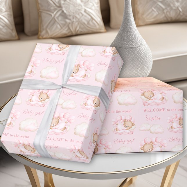 Baby Bear Pink Newborn Baby Girl Name Wrapping Paper (Baby Bear Pink Newborn Baby Girl Name Wrapping Paper)