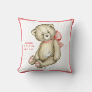 Baby Bear Pink Ribbon Watercolor Baby Girl Cushion