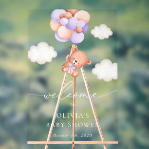 Baby Bear, Purple Balloons, Baby Shower Welcome Acrylic Sign