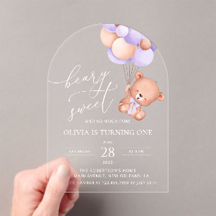 Baby Bear, Purple Balloons, First Birthday Acrylic Invitations