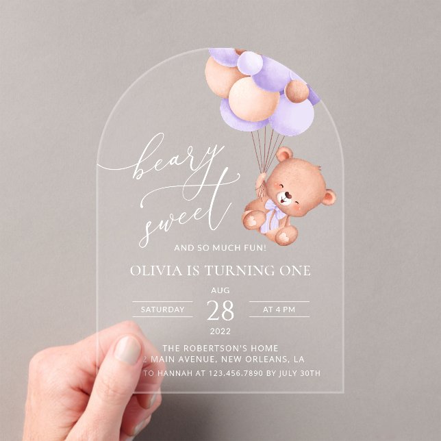 Baby Bear, Purple Balloons, First Birthday Acrylic Invitations (Insitu (Handheld))