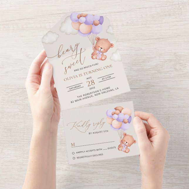 Baby Bear, Purple Balloons, First Birthday All In One Invitation (Tearaway)