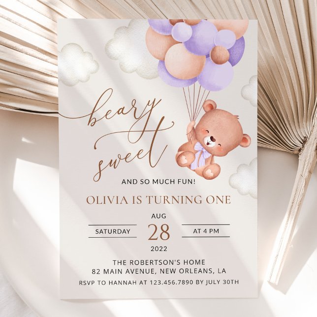 Baby Bear, Purple Balloons, First Birthday Invitation (Creator Uploaded)
