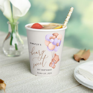 Baby Bear, Purple Balloons, First Birthday Paper Cups