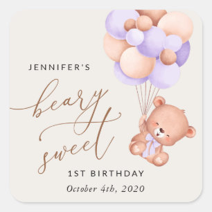 Baby Bear, Purple Balloons, First Birthday Square Sticker
