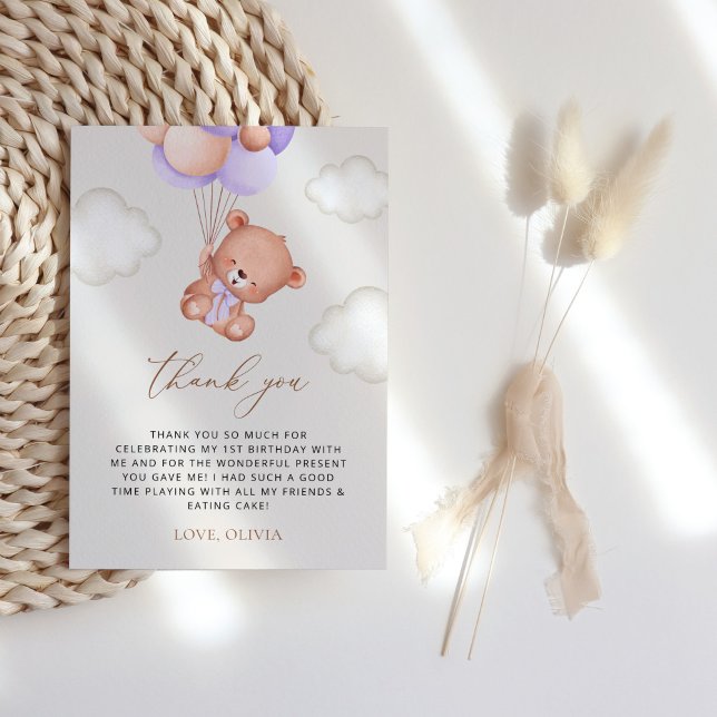 Baby Bear, Purple Balloons, First Birthday Thank You Card (Creator Uploaded)