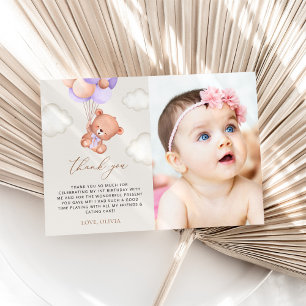 Baby Bear, Purple Balloons, First Birthday Thank You Card