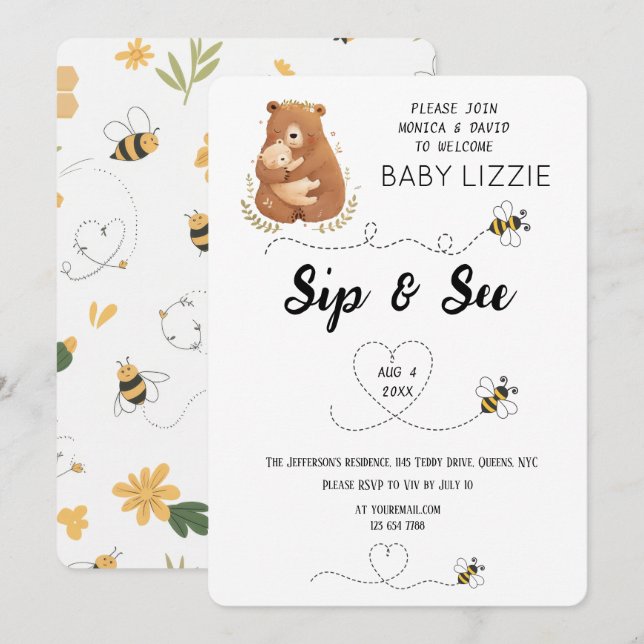 Baby Bear Sip & See Personalised Invitation (Front/Back)