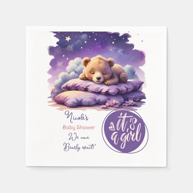 Baby Bear Sleeping Purple Galaxy Girl Baby Shower Napkin (Front)