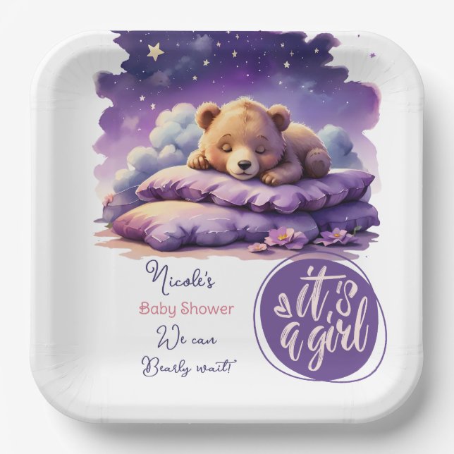 Baby Bear Sleeping Purple Galaxy Girl Baby Shower Paper Plate (Front)