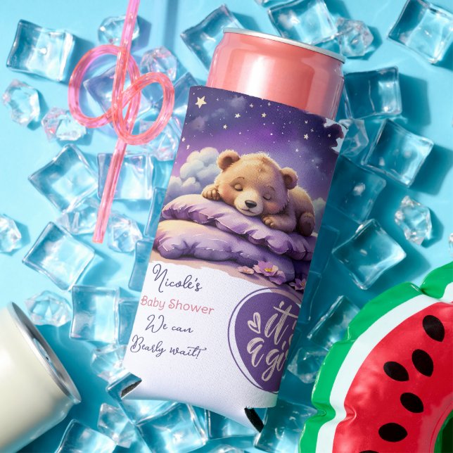 Baby Bear Sleeping Purple Galaxy Girl Baby Shower Seltzer Can Cooler (In Situ Summer)