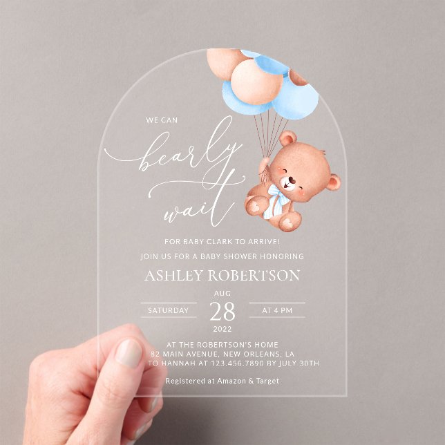 Baby Bear, Teddy Bear, Blue Balloons, Baby Shower Acrylic Invitations (Insitu (Handheld))